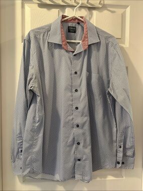 LEO CHEVALIER Designer Men's Light Blue Patterned Button-Down Dress Shirt SZ L